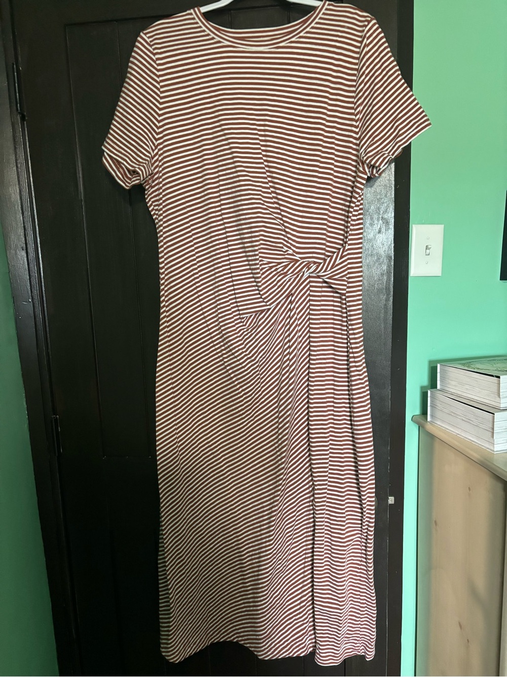 LOFT Cream and Brown Striped Midi Dress with Side Knot Detail